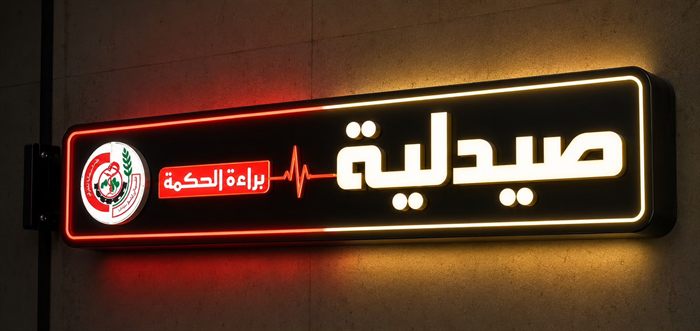 لوحة صيدلية مضيئة سوداء بحروف بيضاء بارزة وخط نبض أحمر